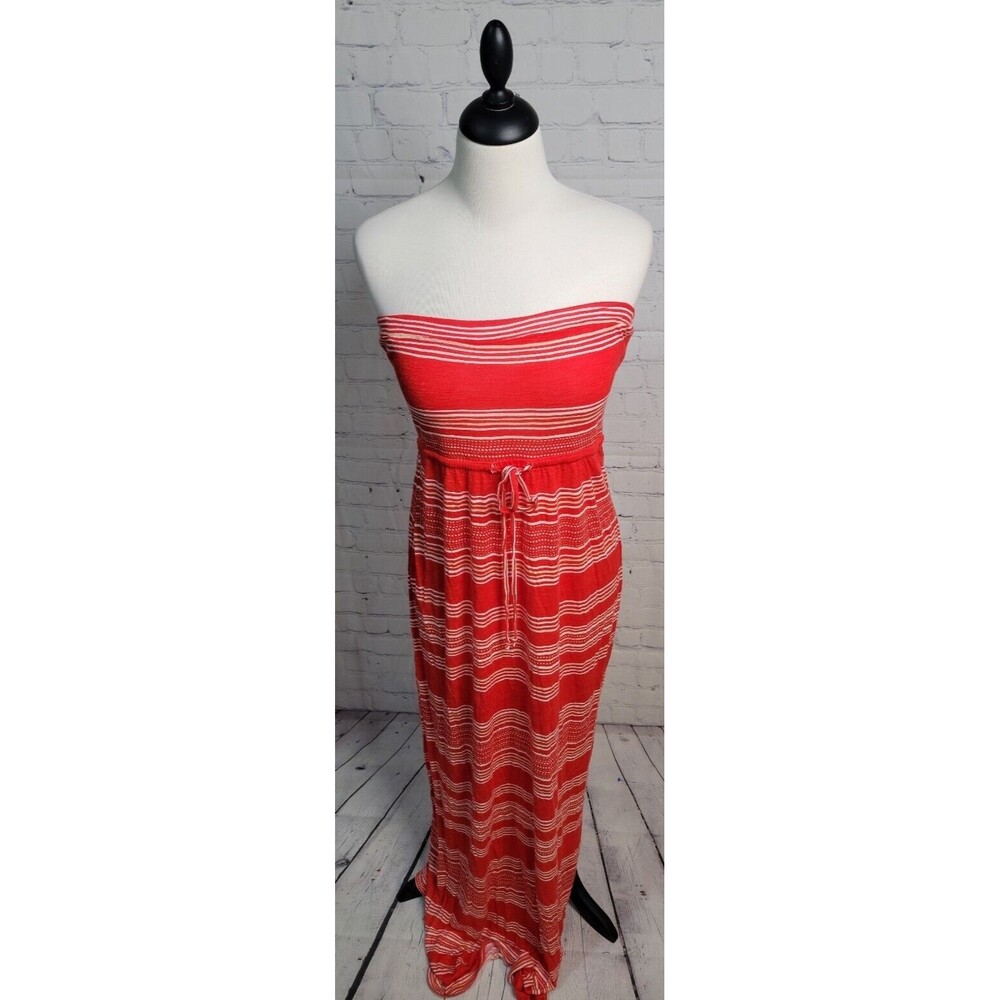 Motherhood Maternity Strapless Dress Sz M Red White Stripe Maxi Drawstring Tie